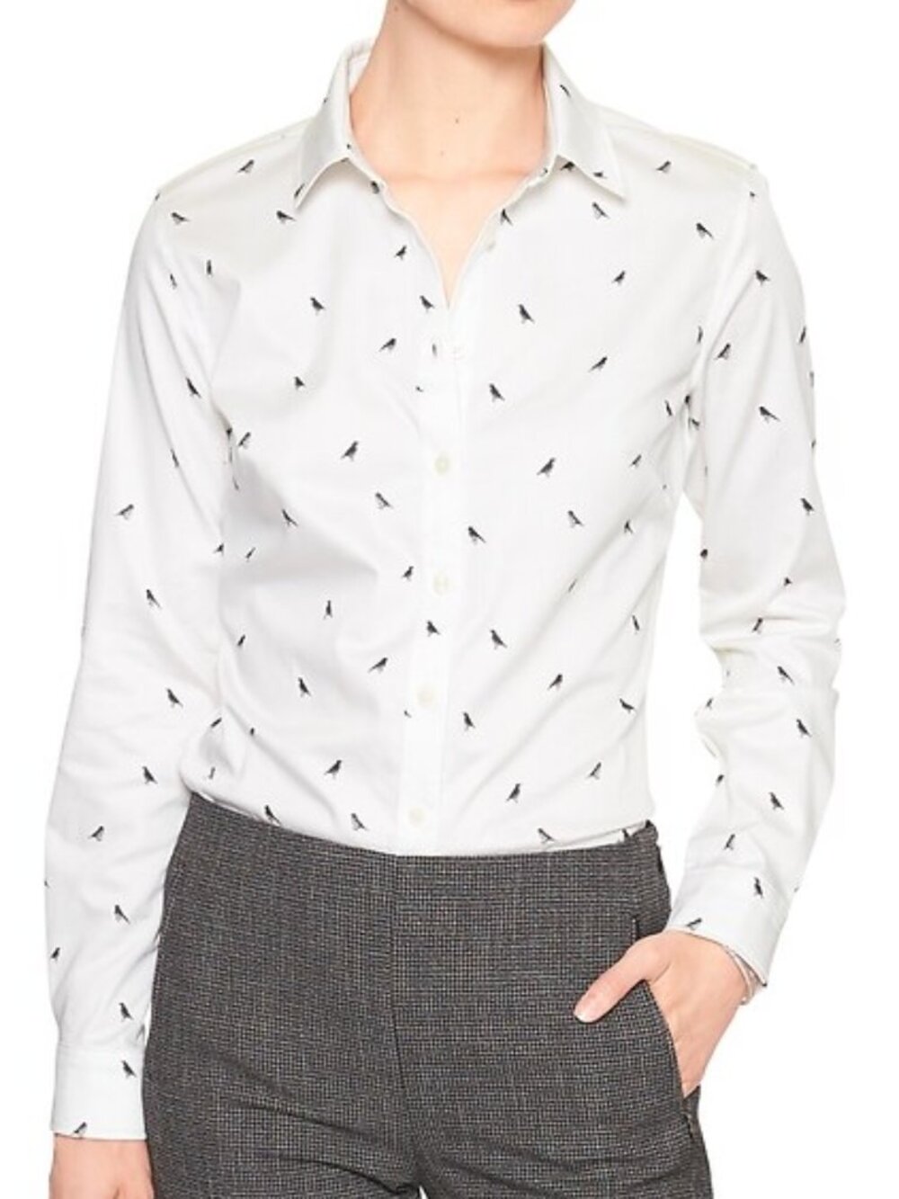 BANANA REPUBLIC Tiny Black Bird Print Tailored White Button-Up Shirt Size 10